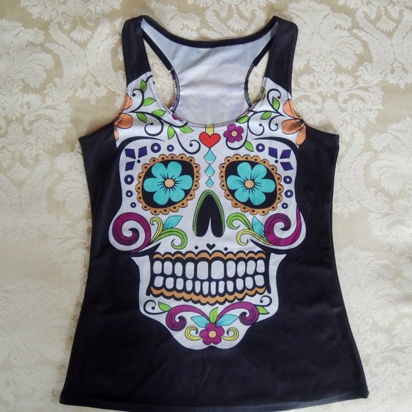 Sugar Skull Black Multicolor Racerback Athletic Tank M - Picture 2 of 6